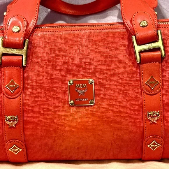 MCM Tangerine Pebbled Leather Satchel With Striking Gold Accents - Picture 2 of 12